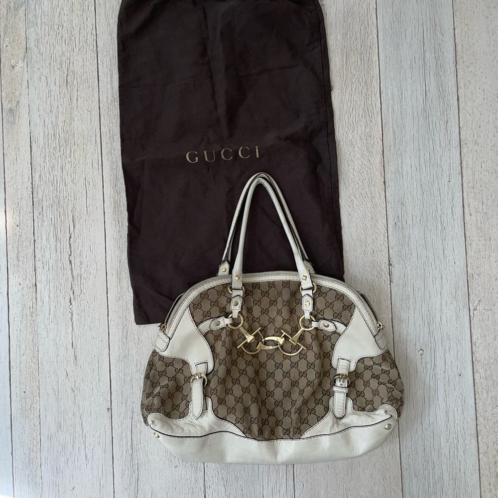 Gucci Beige Brown Monogram Canvas Shoulder Bag with White Leather Trim